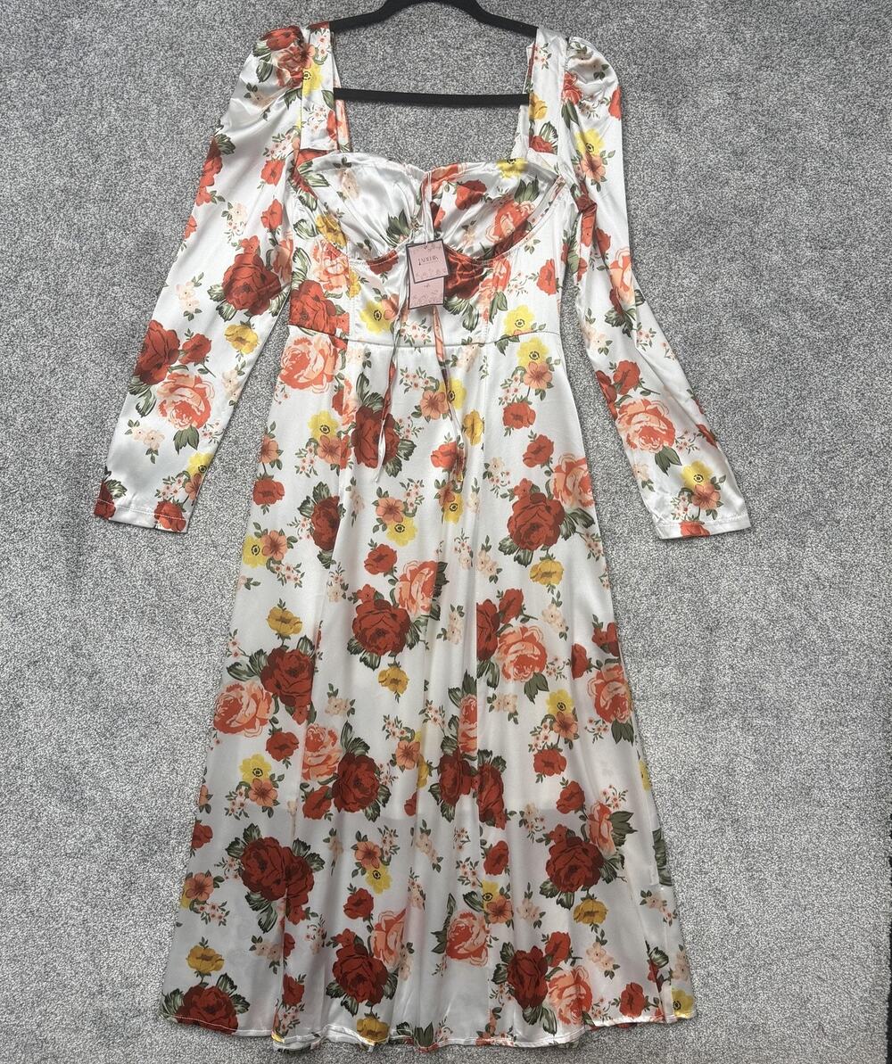 LABEHIK Satin Maxi Dress S Floral Romantic Cottagecore Milkmaid Corset Style